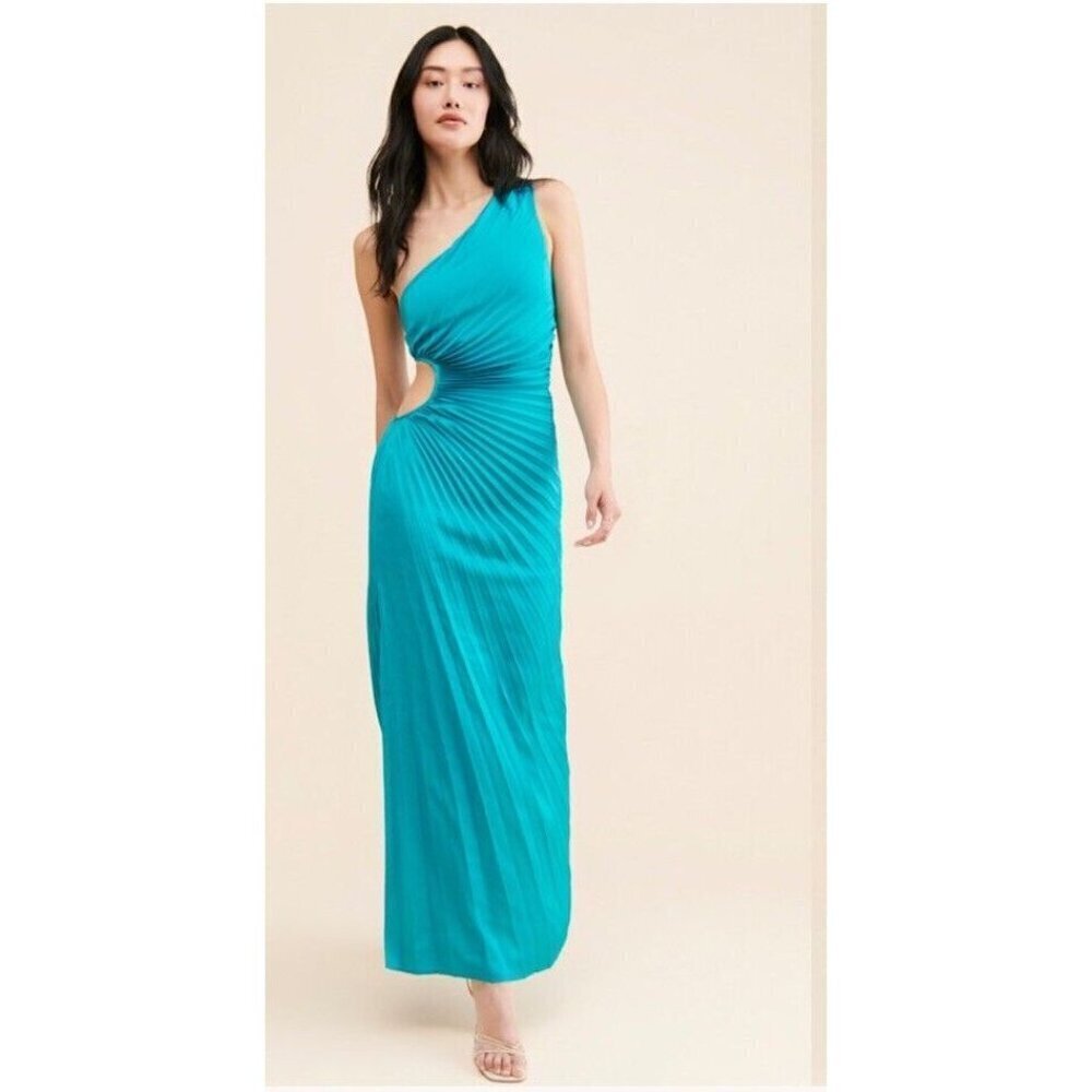 NWT Delfi Collective Solie Pleated Teal One-Shoulder Cutout Sheath Gown Size S
